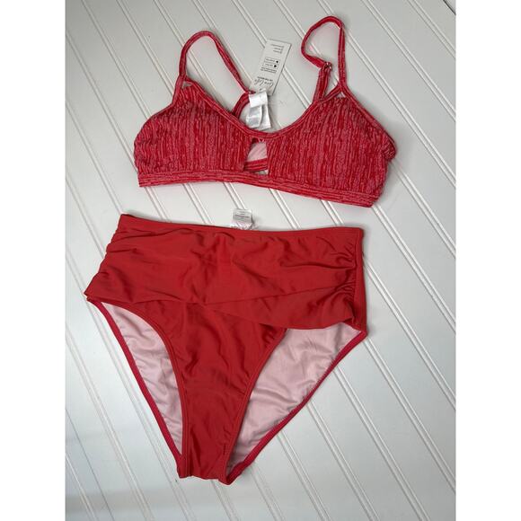 NWT Cupshe Two Peace Swimsuit Bikini Red High Waist Bottom Beach BUNDLE Sz M - Picture 2 of 5
